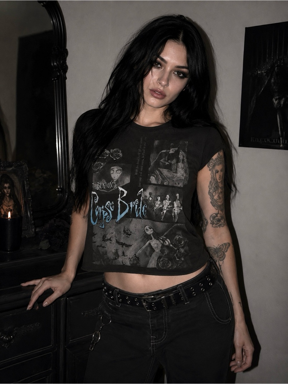 Dolls Goth Corpse Bride Tim Burton Graphic Crop Black Tee - Women’s Essentials